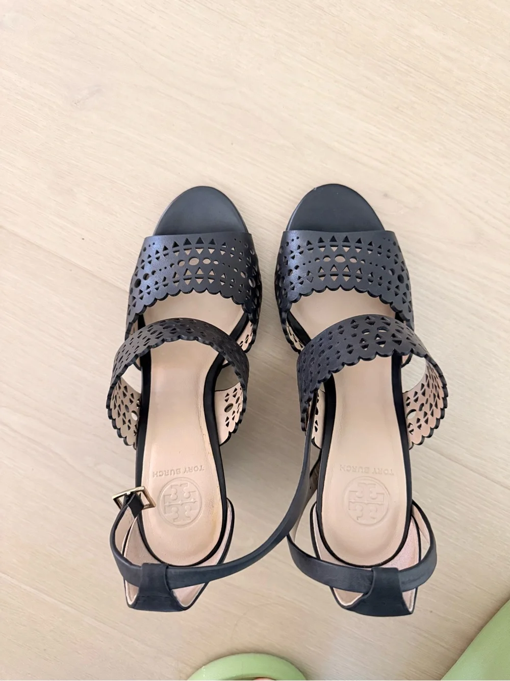 Tory Burch Black Laser-Cut Leather Sandals